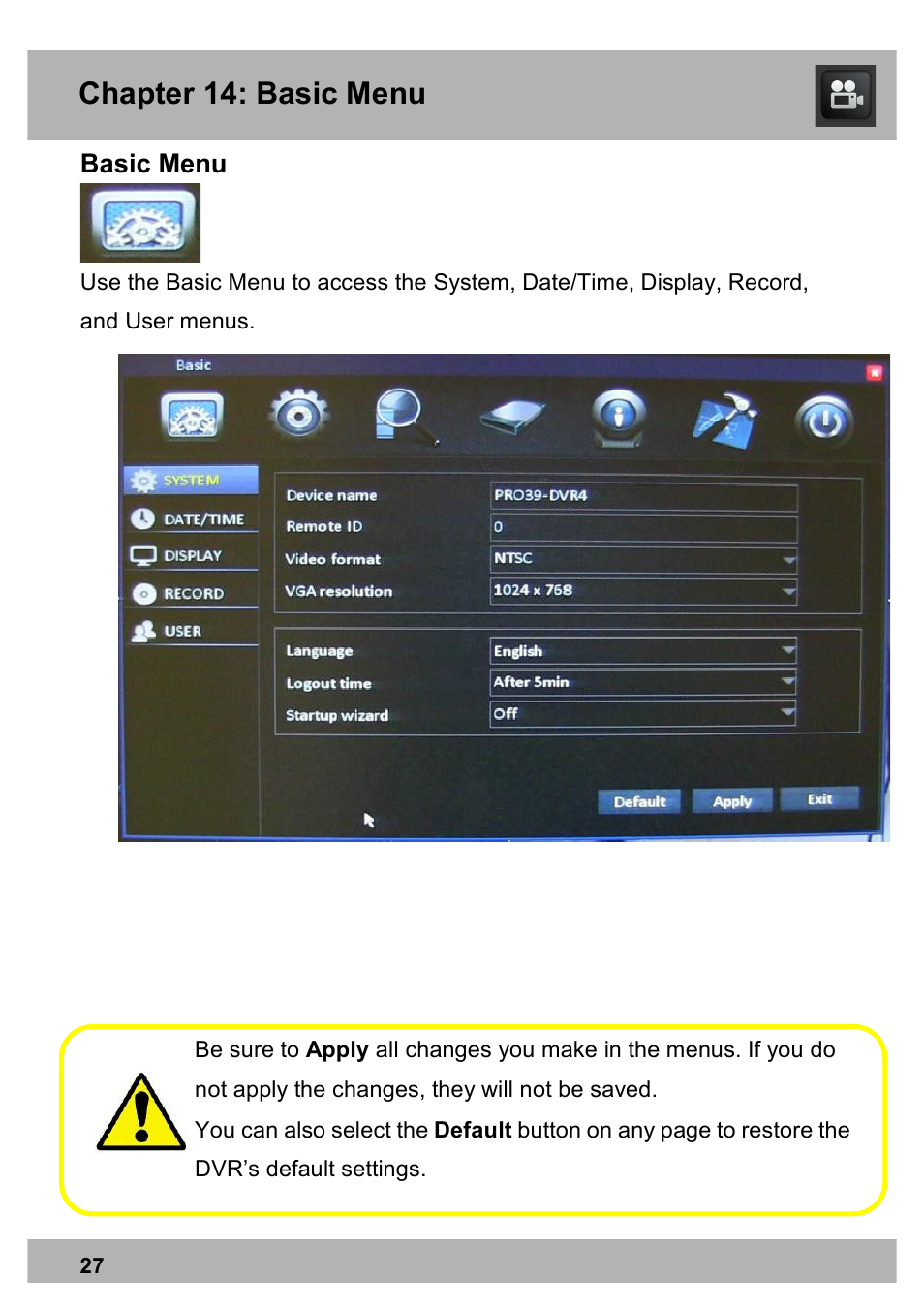 Chapter 14: basic menu, Basic menu | Night Owl PRO-1681TB-2DMA user manual User Manual | Page 27 / 127