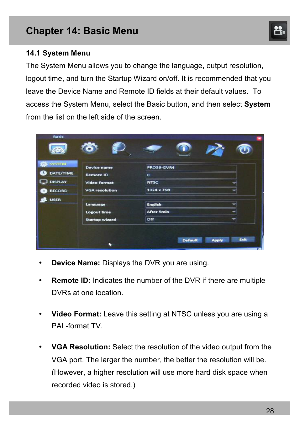 Chapter 14: basic menu | Night Owl PRO-1681TB-2DMA user manual User Manual | Page 28 / 127