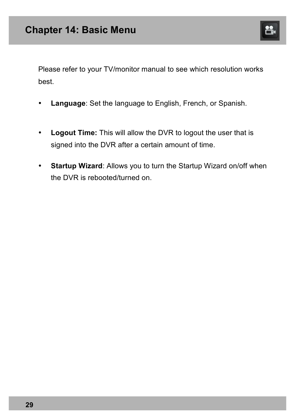 Chapter 14: basic menu | Night Owl PRO-1681TB-2DMA user manual User Manual | Page 29 / 127