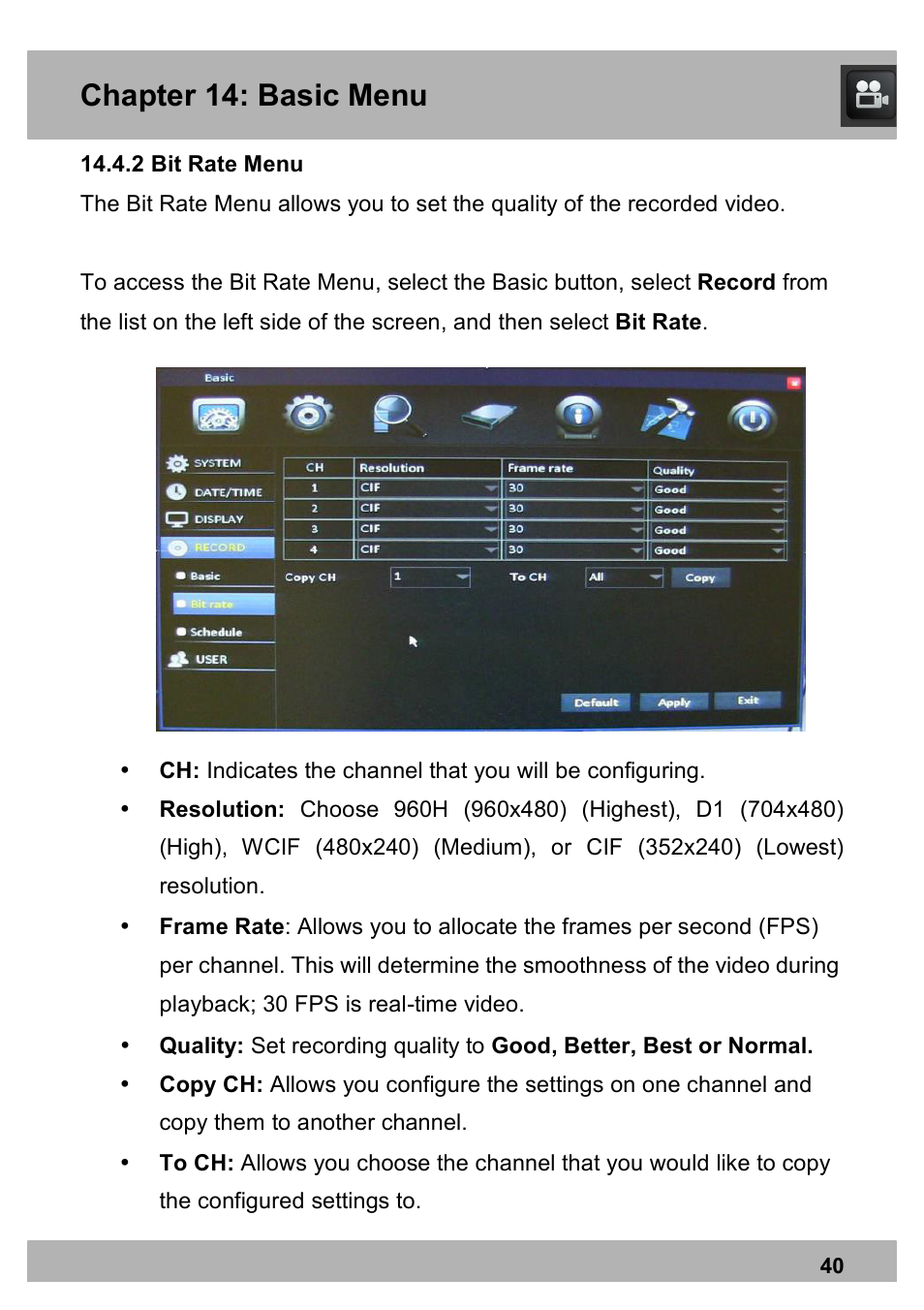 Chapter 14: basic menu | Night Owl PRO-1681TB-2DMA user manual User Manual | Page 40 / 127