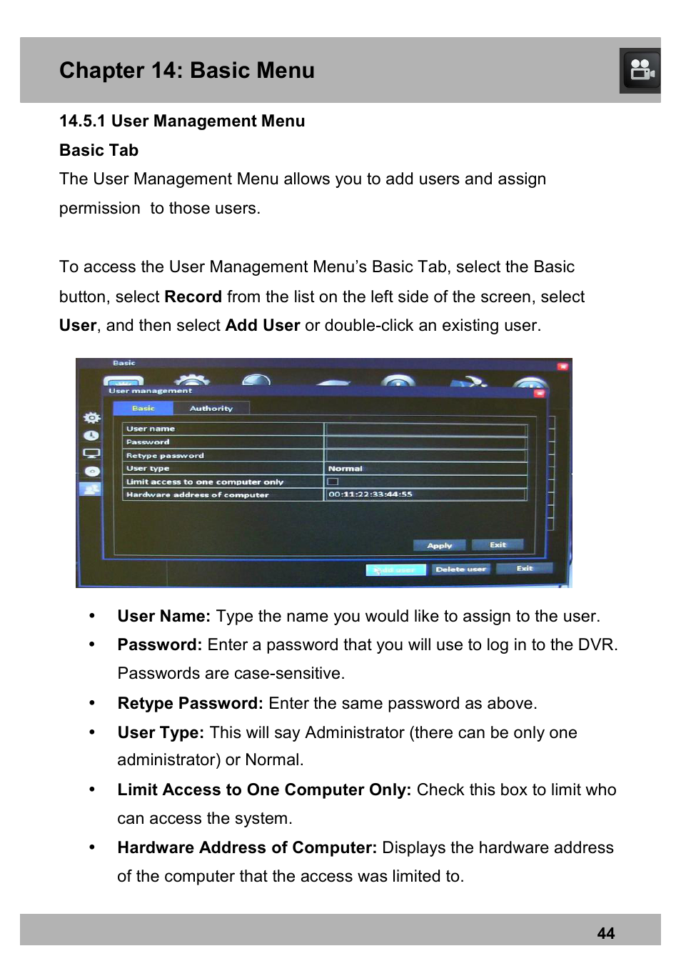 Chapter 14: basic menu | Night Owl PRO-1681TB-2DMA user manual User Manual | Page 44 / 127