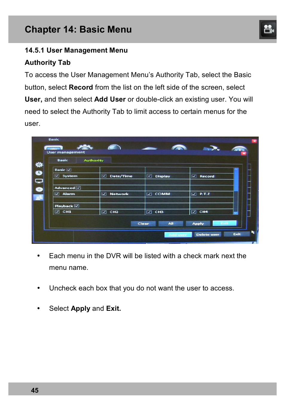 Chapter 14: basic menu | Night Owl PRO-1681TB-2DMA user manual User Manual | Page 45 / 127
