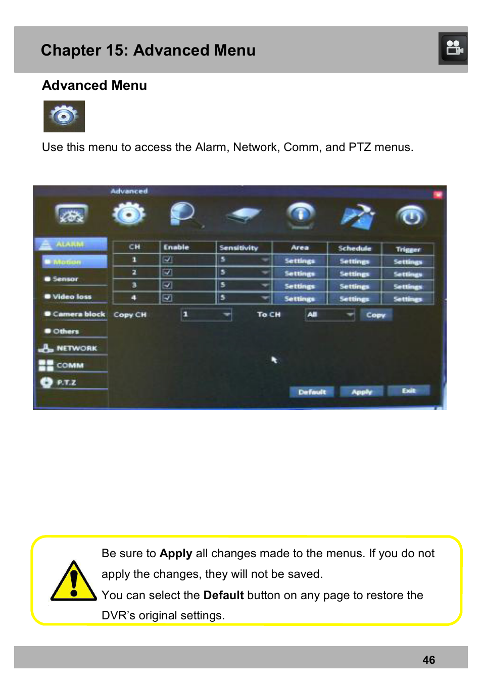 Chapter 15: advanced menu | Night Owl PRO-1681TB-2DMA user manual User Manual | Page 46 / 127
