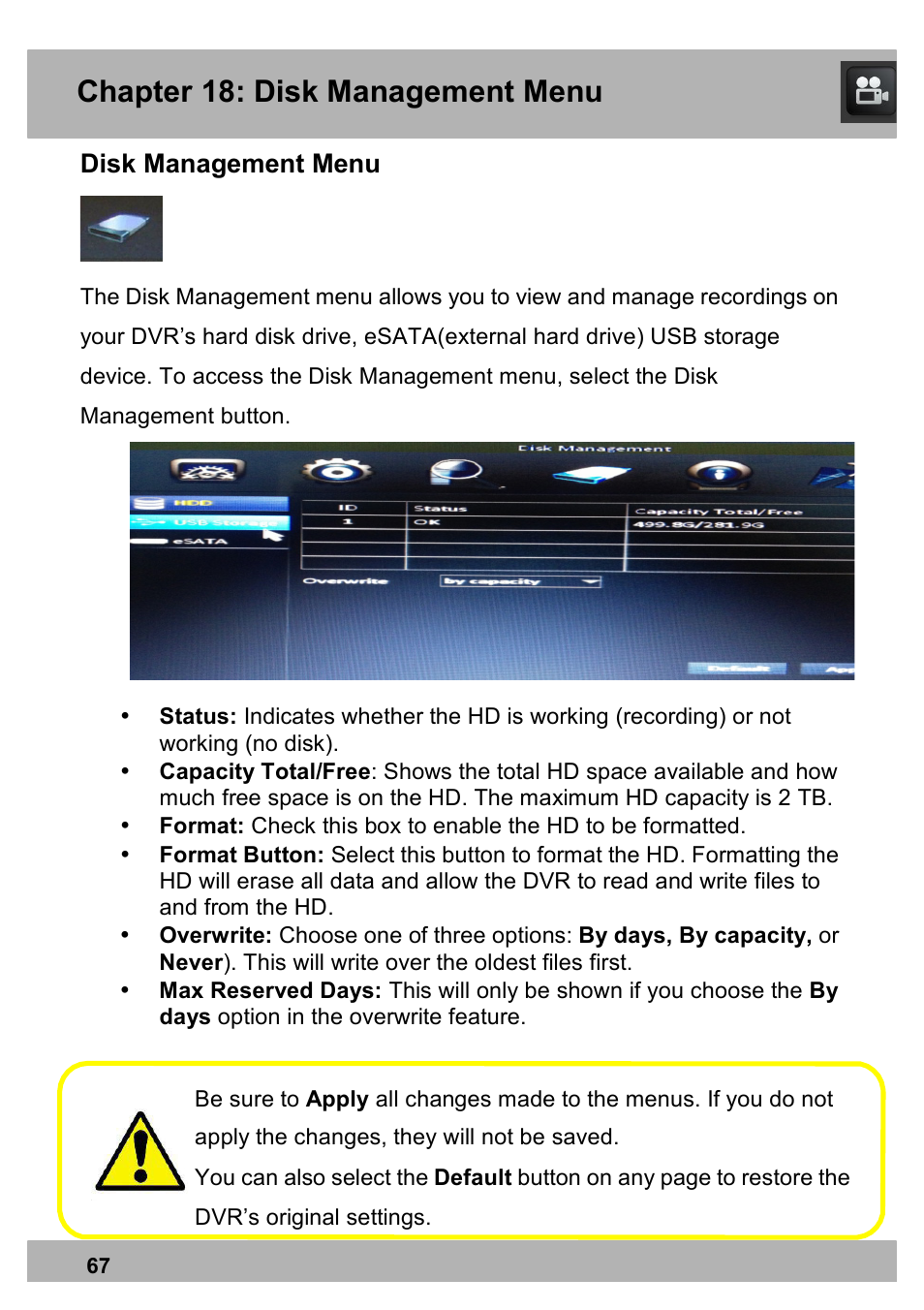 Chapter 18: disk management menu, Disk management menu | Night Owl PRO-1681TB-2DMA user manual User Manual | Page 67 / 127