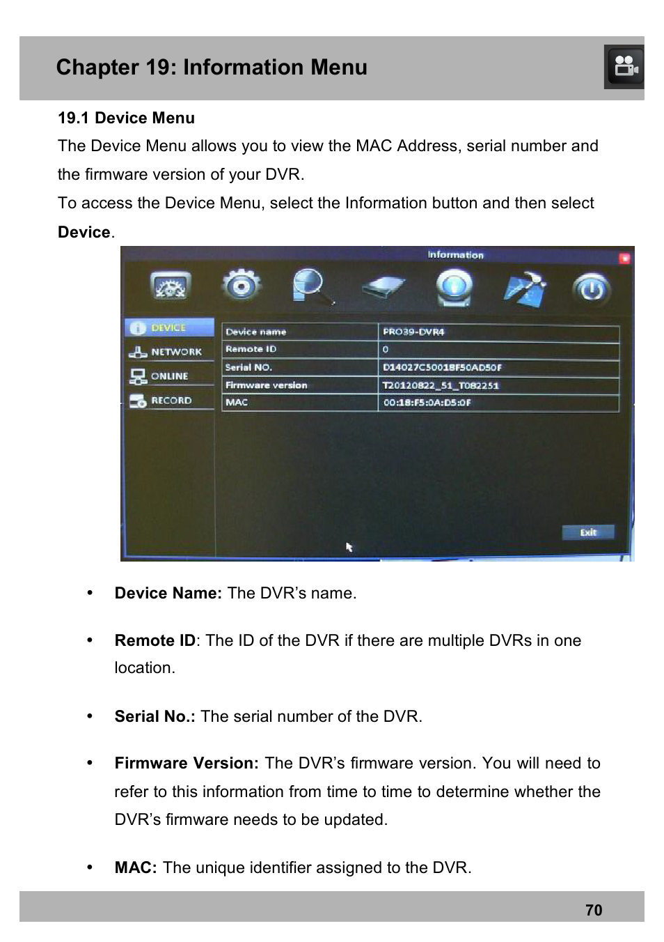 Chapter 19: information menu | Night Owl PRO-1681TB-2DMA user manual User Manual | Page 70 / 127