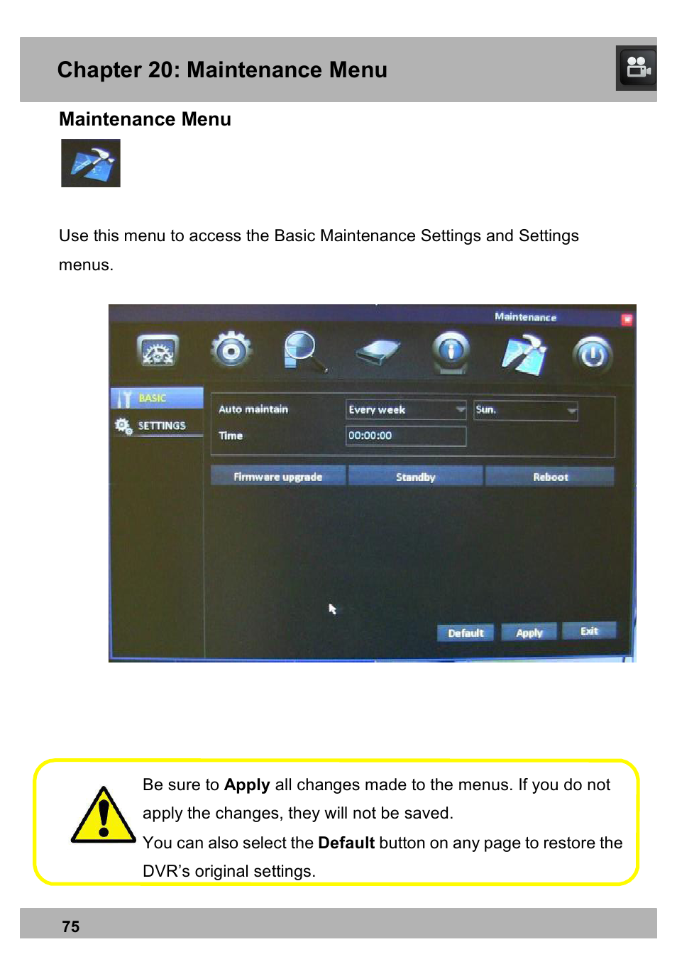 Chapter 20: maintenance menu | Night Owl PRO-1681TB-2DMA user manual User Manual | Page 75 / 127