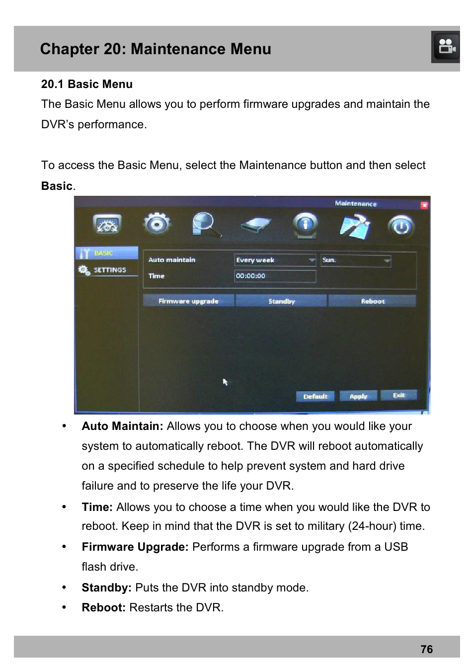 Chapter 20: maintenance menu | Night Owl PRO-1681TB-2DMA user manual User Manual | Page 76 / 127