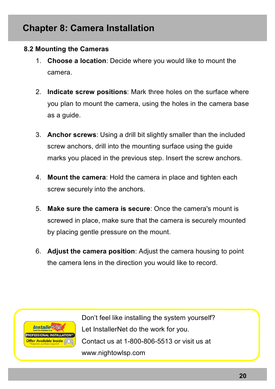Chapter 8: camera installation | Night Owl PE-DVR16-1TB user manual User Manual | Page 20 / 126