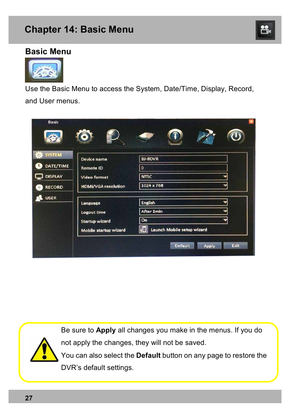 Chapter 14: basic menu | Night Owl PE-DVR16-1TB user manual User Manual | Page 27 / 126