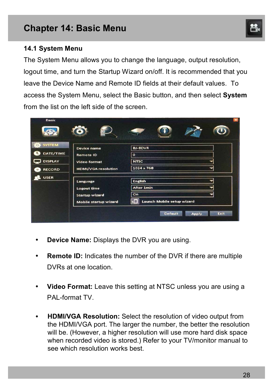 Chapter 14: basic menu | Night Owl PE-DVR16-1TB user manual User Manual | Page 28 / 126
