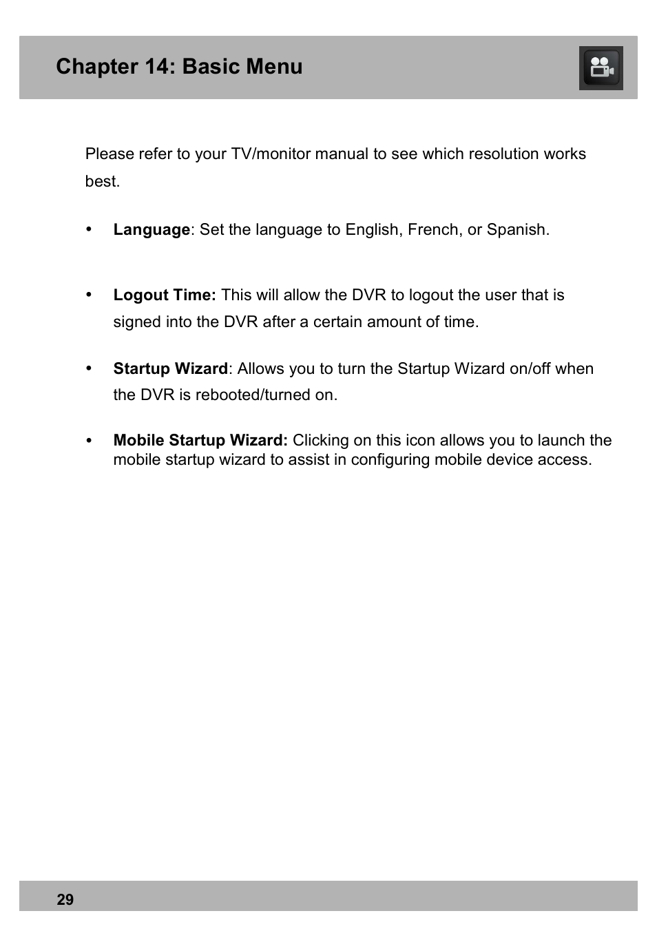 Chapter 14: basic menu | Night Owl PE-DVR16-1TB user manual User Manual | Page 29 / 126