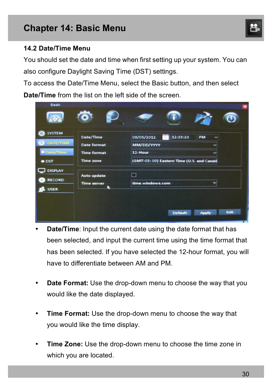 Chapter 14: basic menu | Night Owl PE-DVR16-1TB user manual User Manual | Page 30 / 126