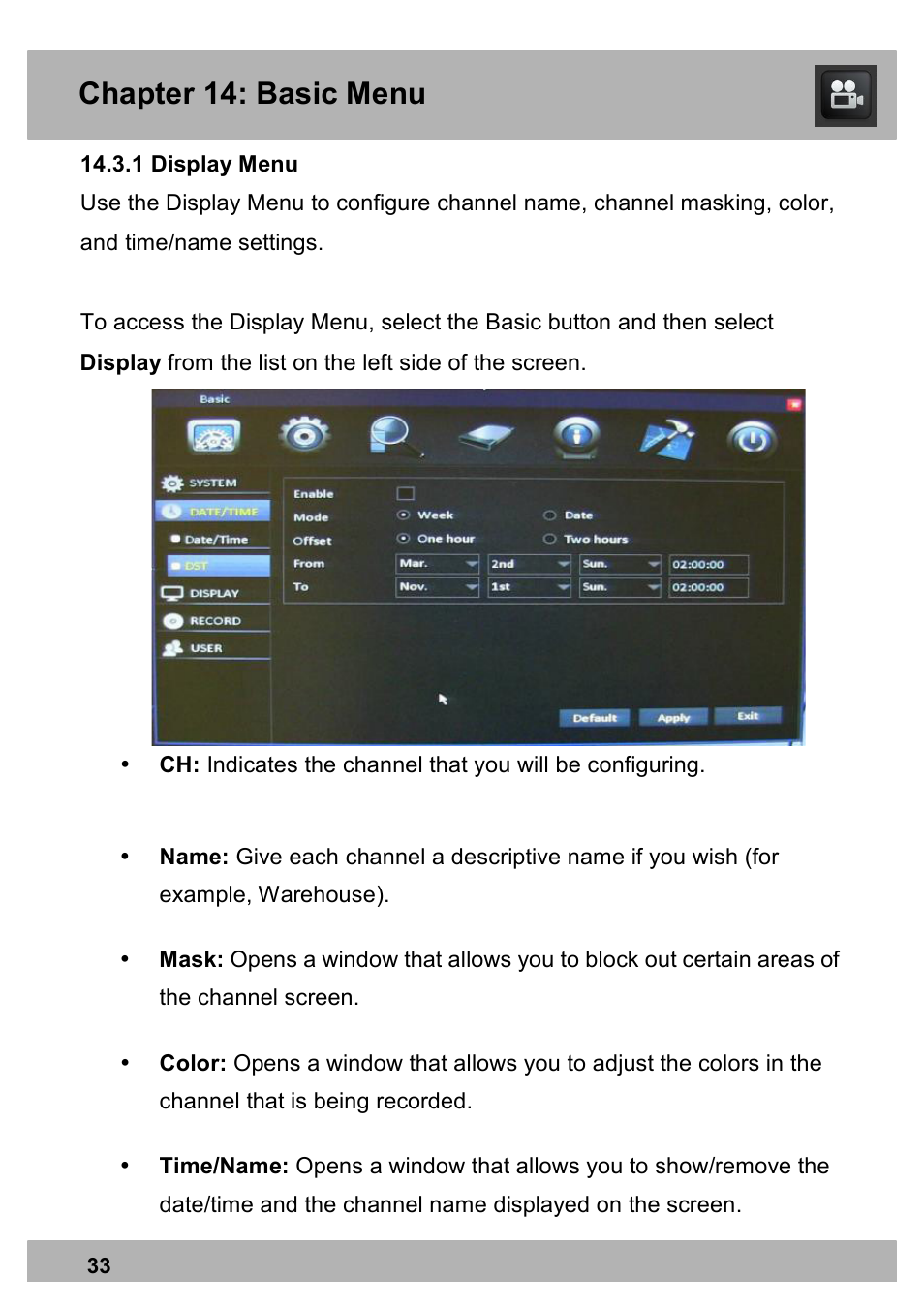 Chapter 14: basic menu | Night Owl PE-DVR16-1TB user manual User Manual | Page 33 / 126