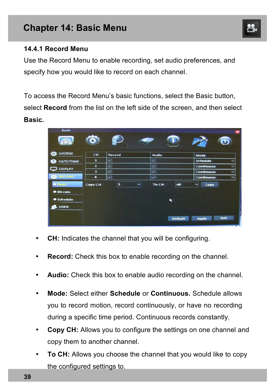 Chapter 14: basic menu | Night Owl PE-DVR16-1TB user manual User Manual | Page 39 / 126