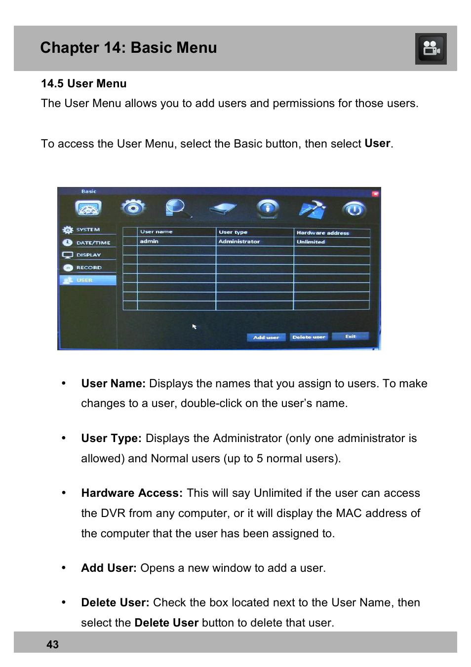 Chapter 14: basic menu | Night Owl PE-DVR16-1TB user manual User Manual | Page 43 / 126
