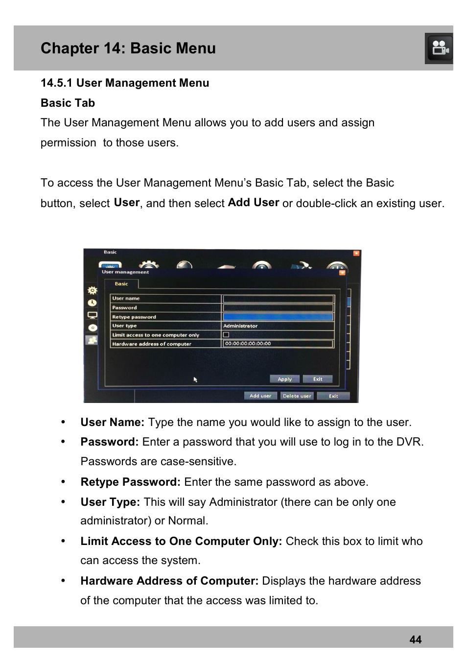 Chapter 14: basic menu | Night Owl PE-DVR16-1TB user manual User Manual | Page 44 / 126