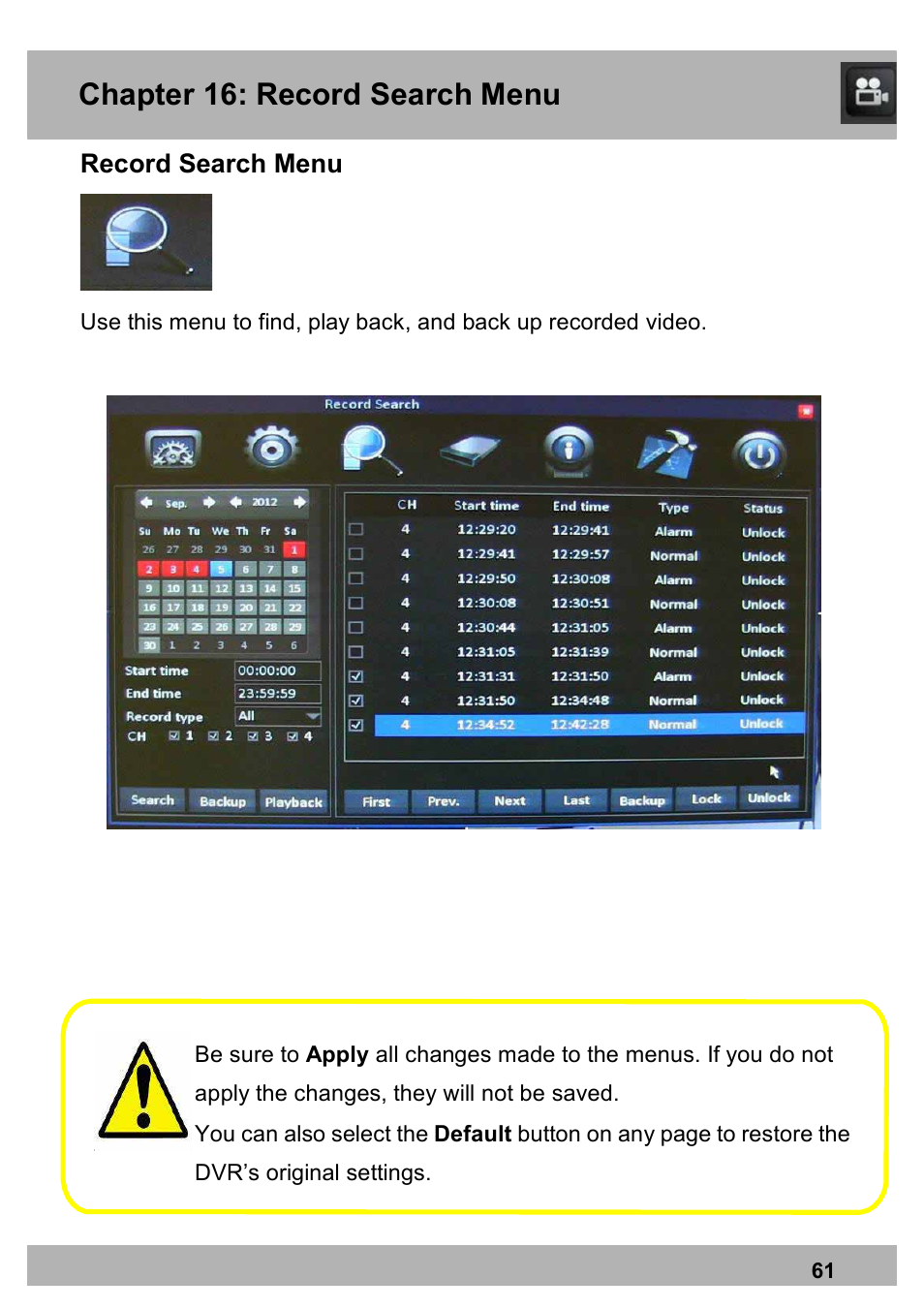 Chapter 16: record search menu | Night Owl PE-DVR16-1TB user manual User Manual | Page 61 / 126