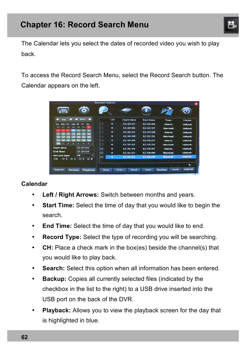 Chapter 16: record search menu | Night Owl PE-DVR16-1TB user manual User Manual | Page 62 / 126