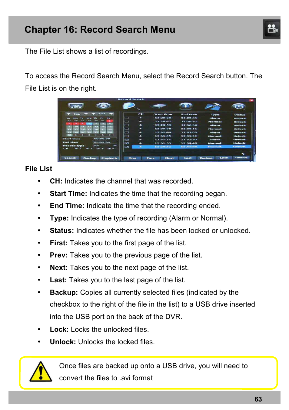 Chapter 16: record search menu | Night Owl PE-DVR16-1TB user manual User Manual | Page 63 / 126