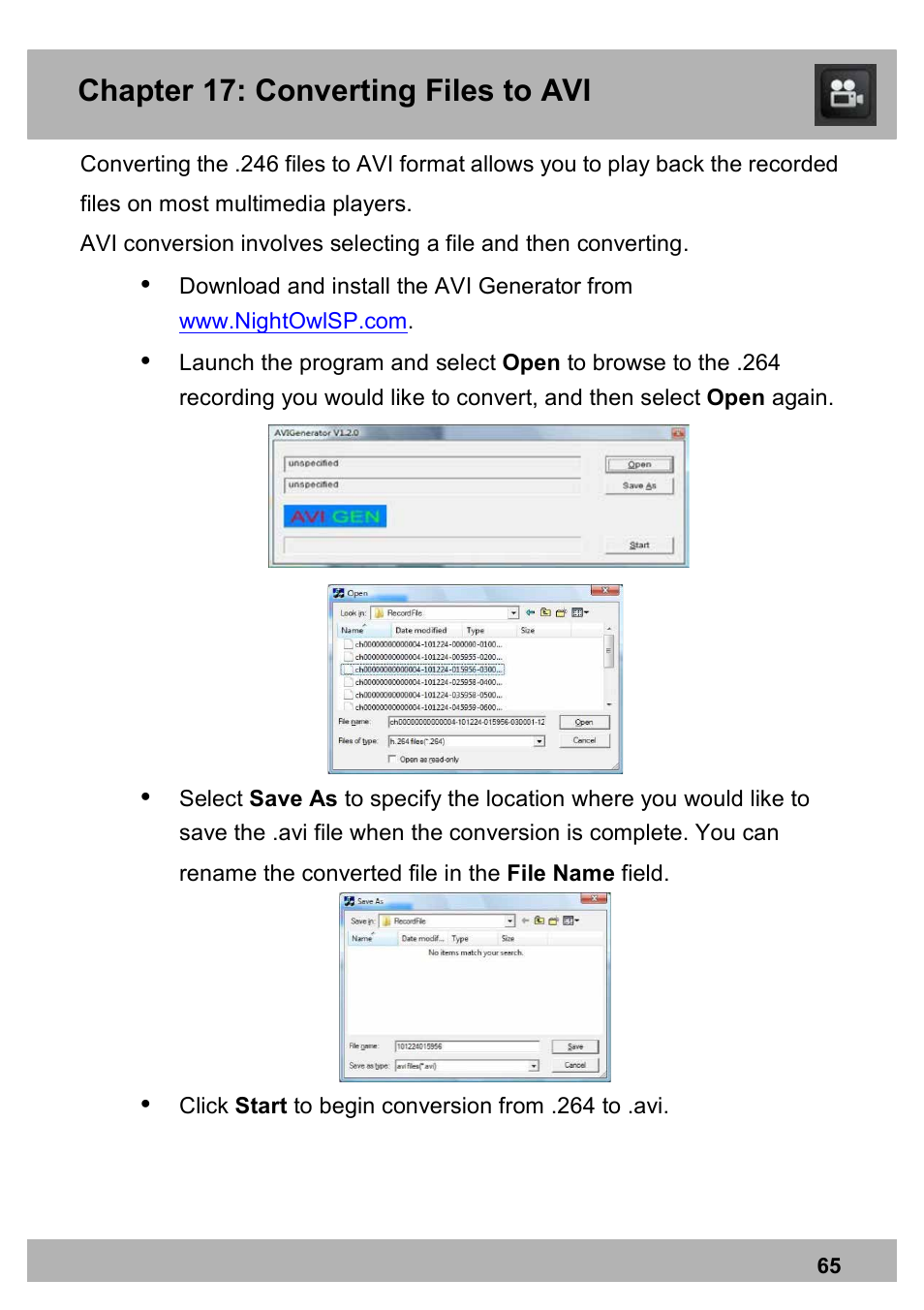 Chapter 16: record search menu, Chapter 17: converting files to avi | Night Owl PE-DVR16-1TB user manual User Manual | Page 65 / 126