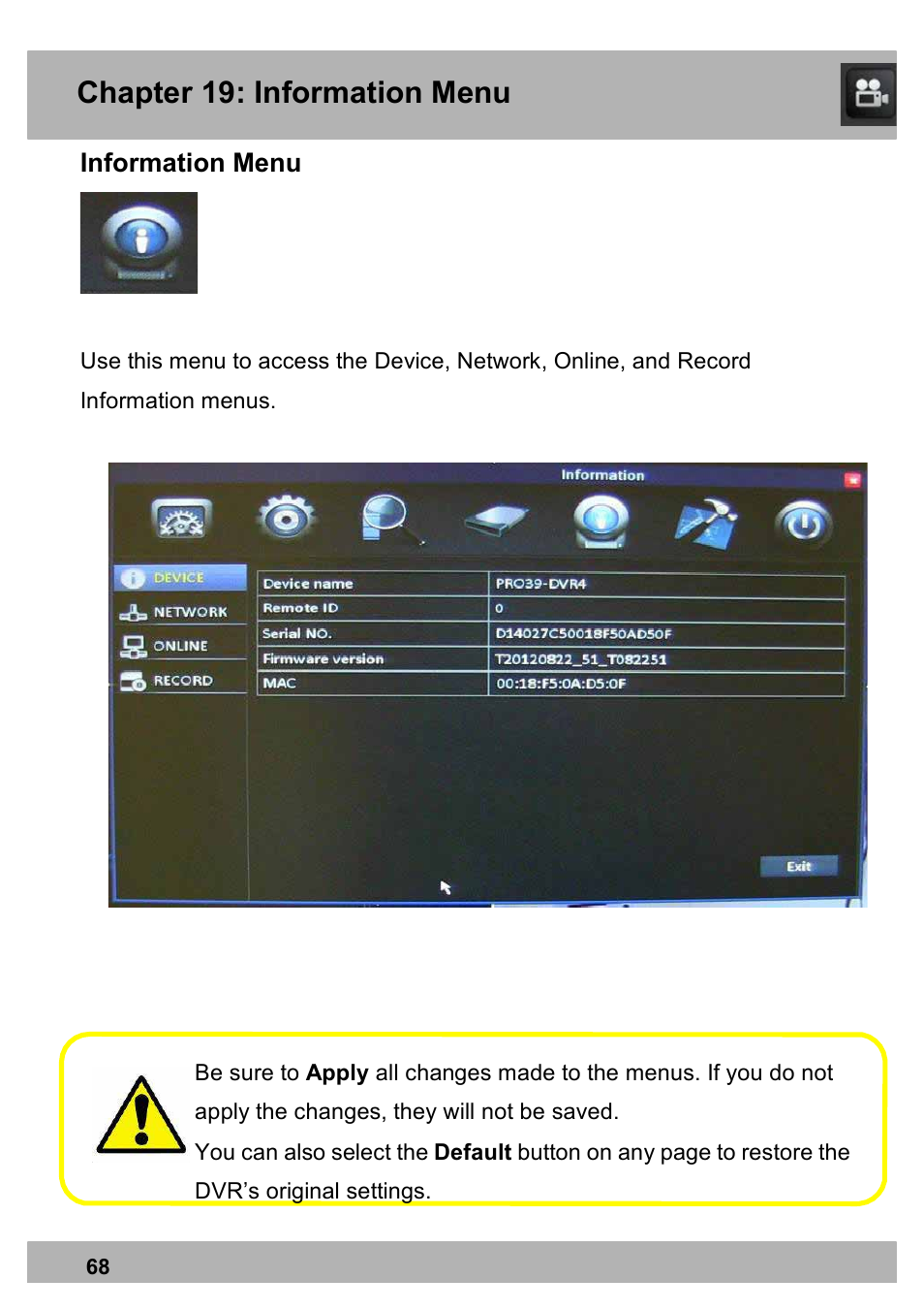 Chapter 19: information menu | Night Owl PE-DVR16-1TB user manual User Manual | Page 68 / 126