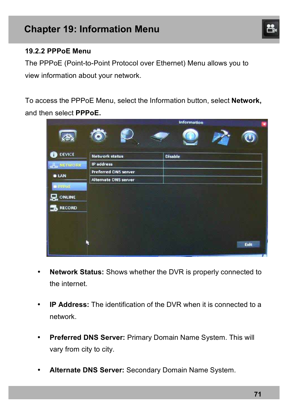 Chapter 19: information menu | Night Owl PE-DVR16-1TB user manual User Manual | Page 71 / 126