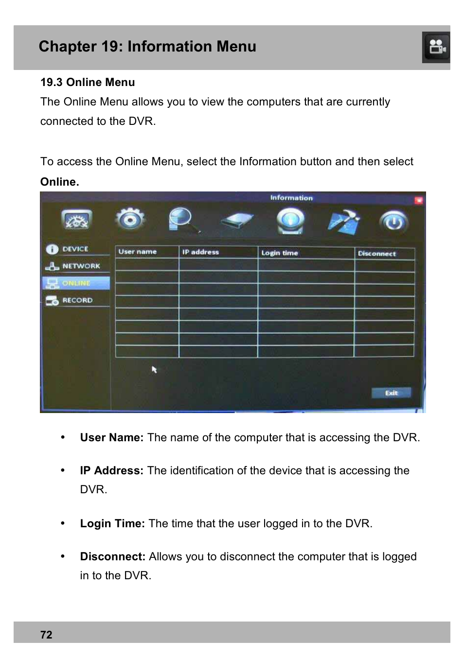 Chapter 19: information menu | Night Owl PE-DVR16-1TB user manual User Manual | Page 72 / 126