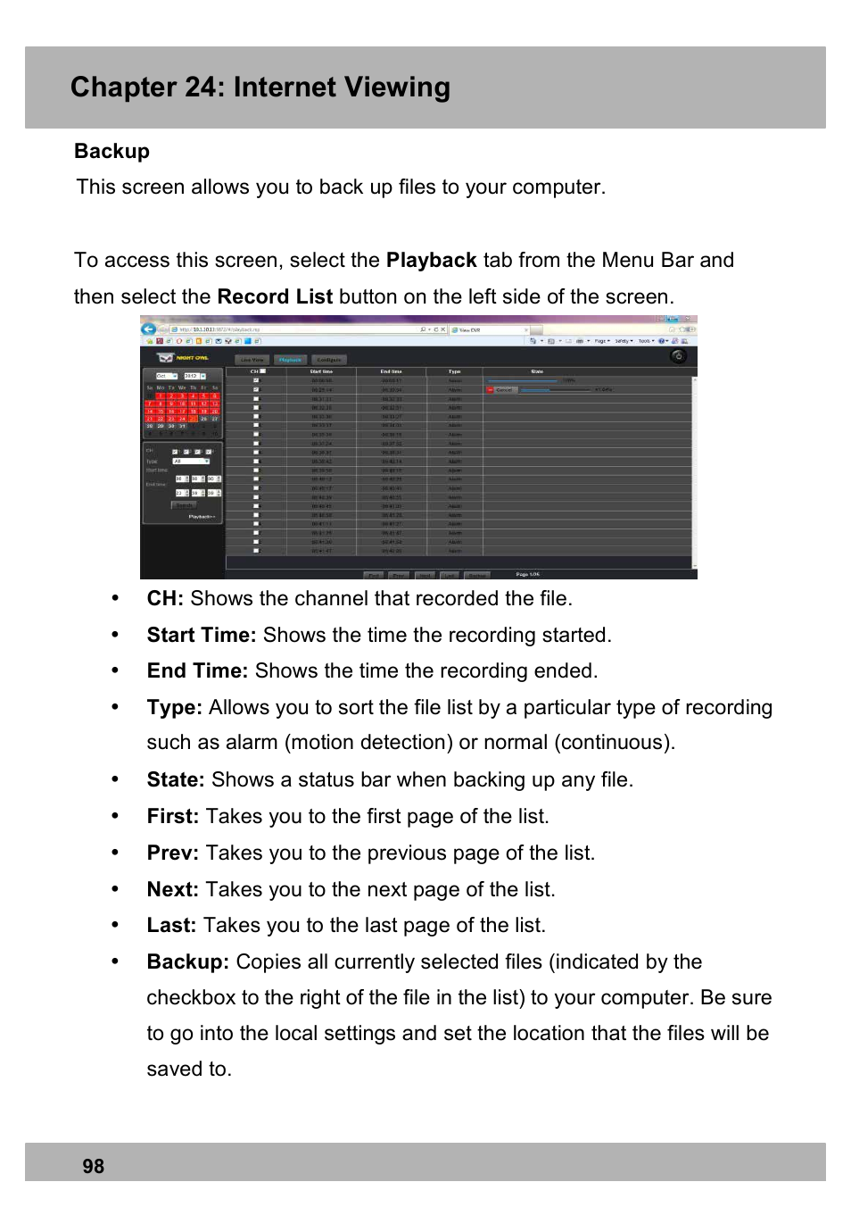 Chapter 24: internet viewing | Night Owl PE-DVR16-1TB user manual User Manual | Page 98 / 126