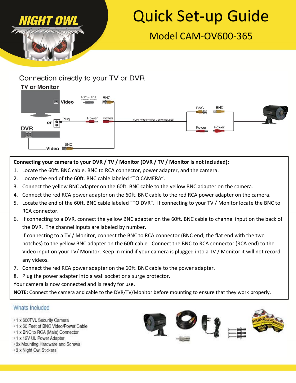 Night Owl CAM-OV600-365 User Manual | 2 pages