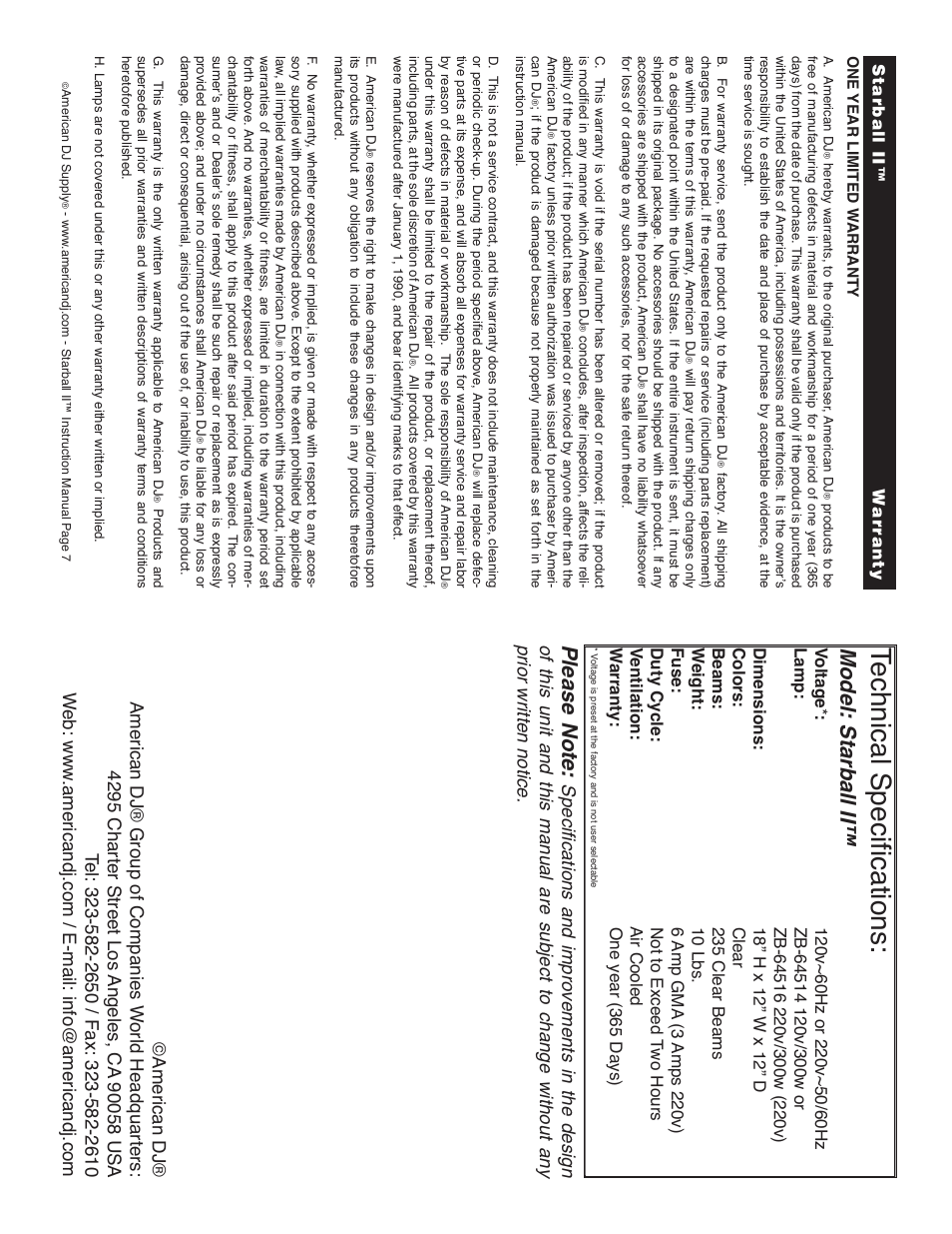 Technical specifications, Model: starball ii | American DJ Starball II User Manual | Page 4 / 4