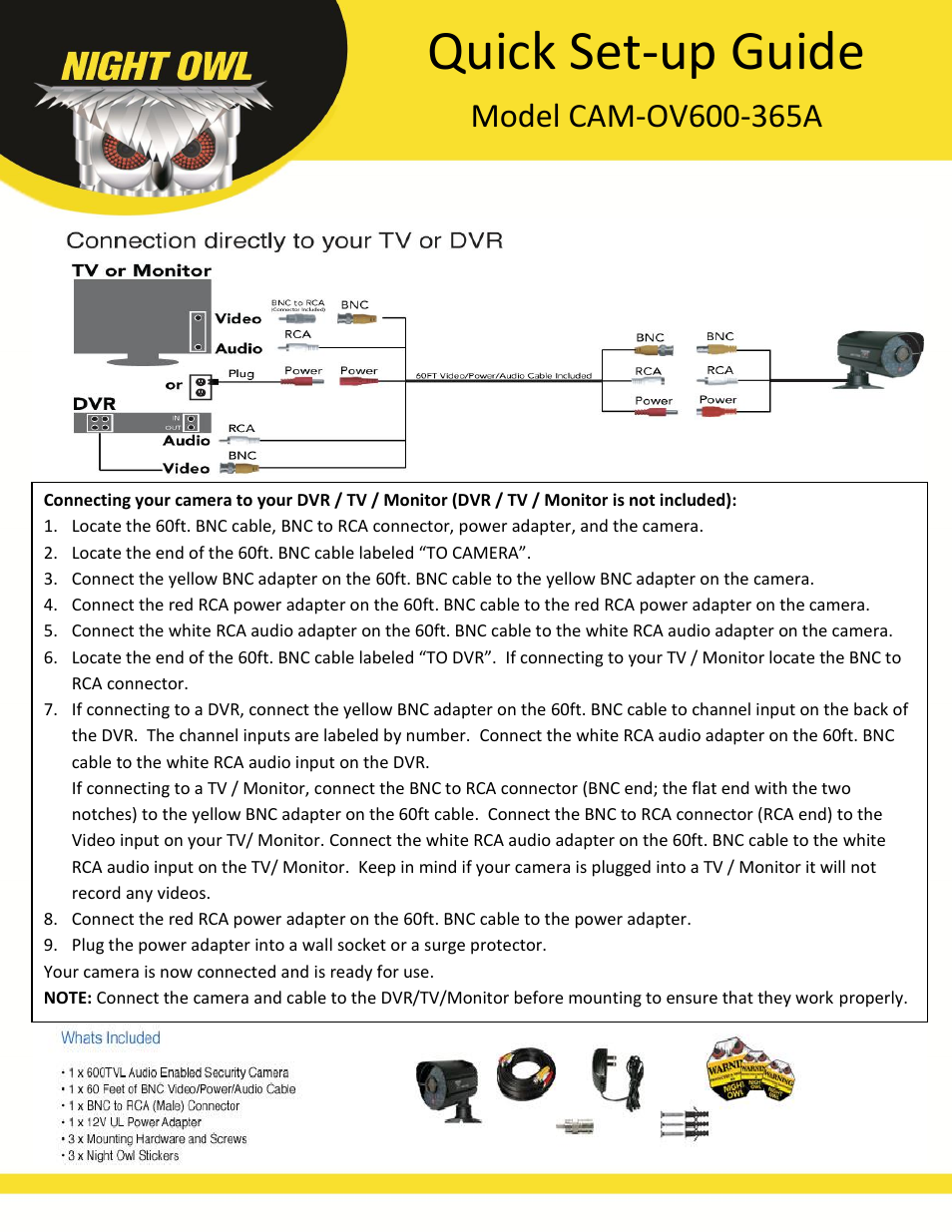 Night Owl CAM-OV600-365-A User Manual | 2 pages