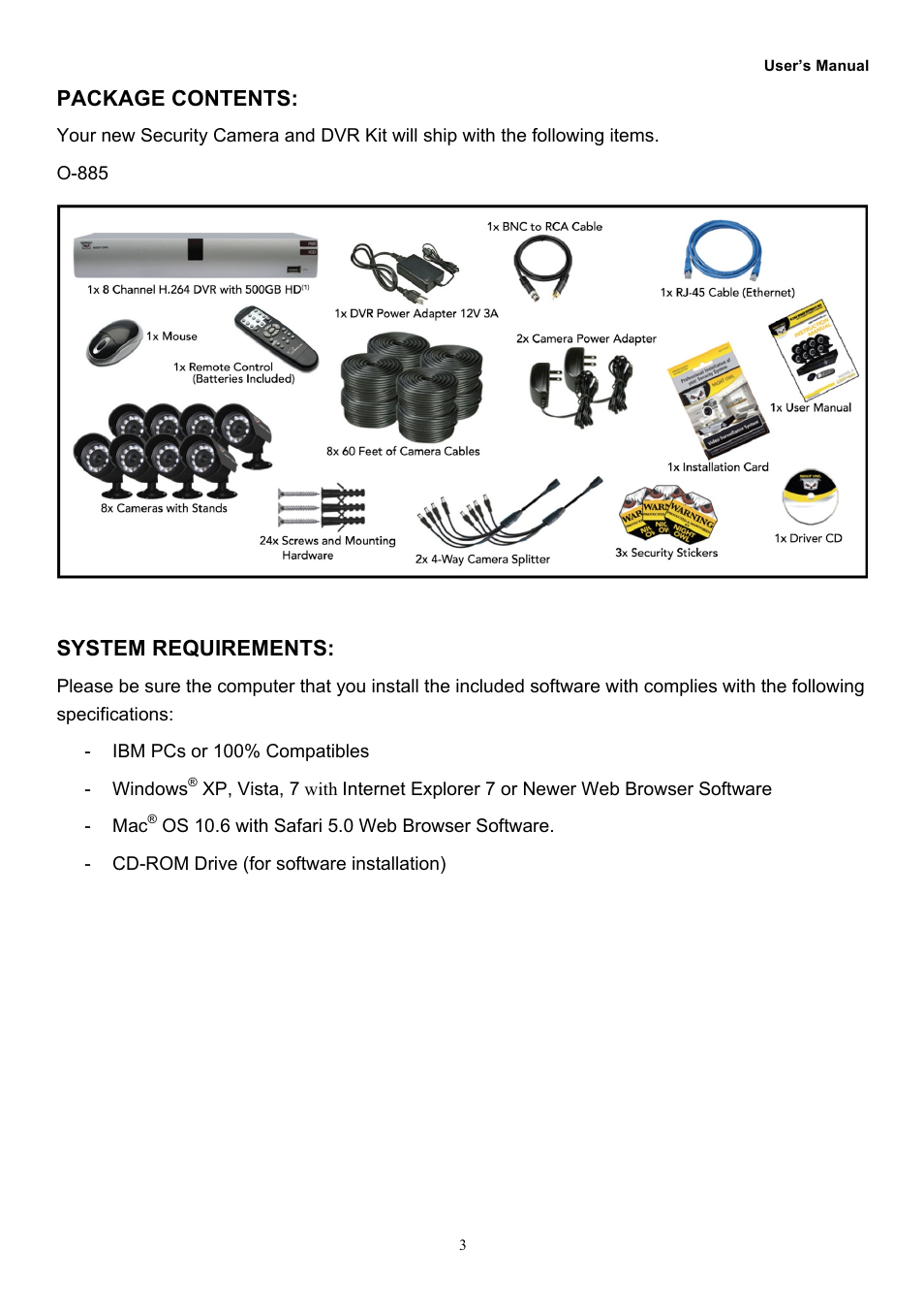 Package contents, System requirements | Night Owl O-885 User Manual | Page 5 / 52