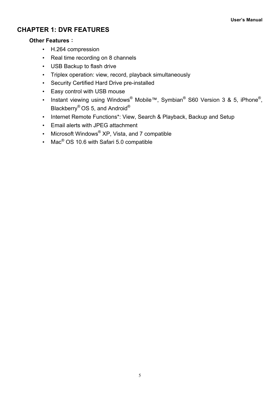 Chapter 1: dvr features | Night Owl O-885 User Manual | Page 7 / 52