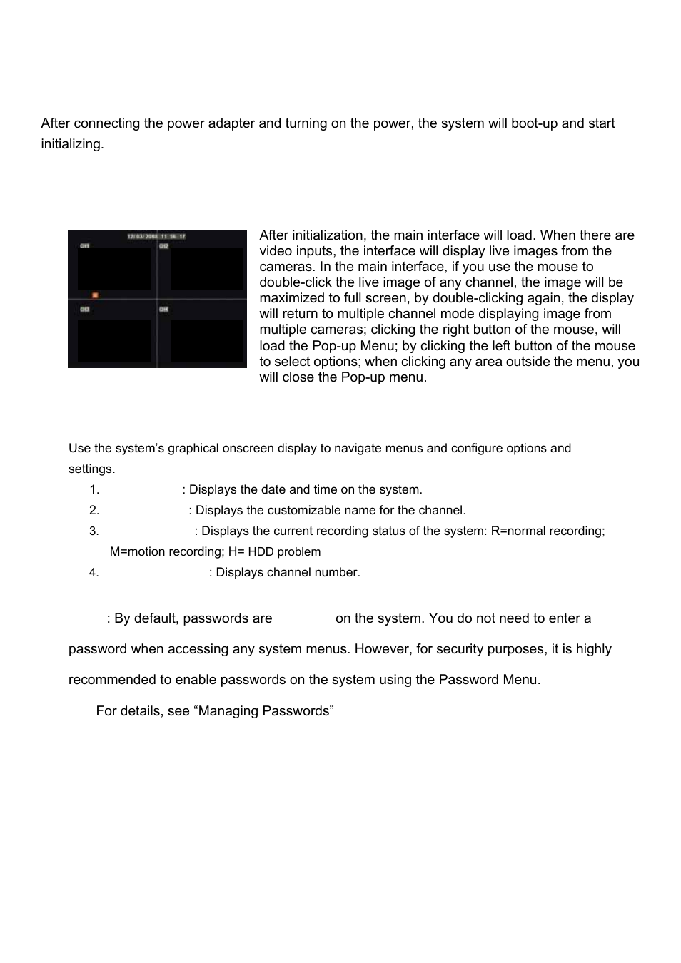 Chapter 5: dvr start up, 1 system initialization, 2 main interface | Night Owl 4BL-DVR-1TB User Manual | Page 15 / 54