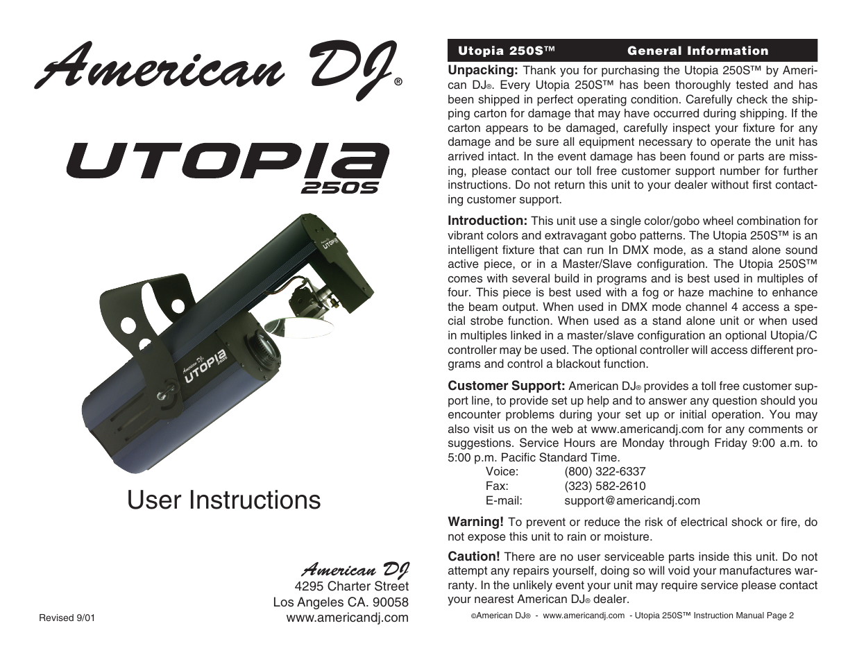 American DJ Utopia 250S User Manual | 8 pages