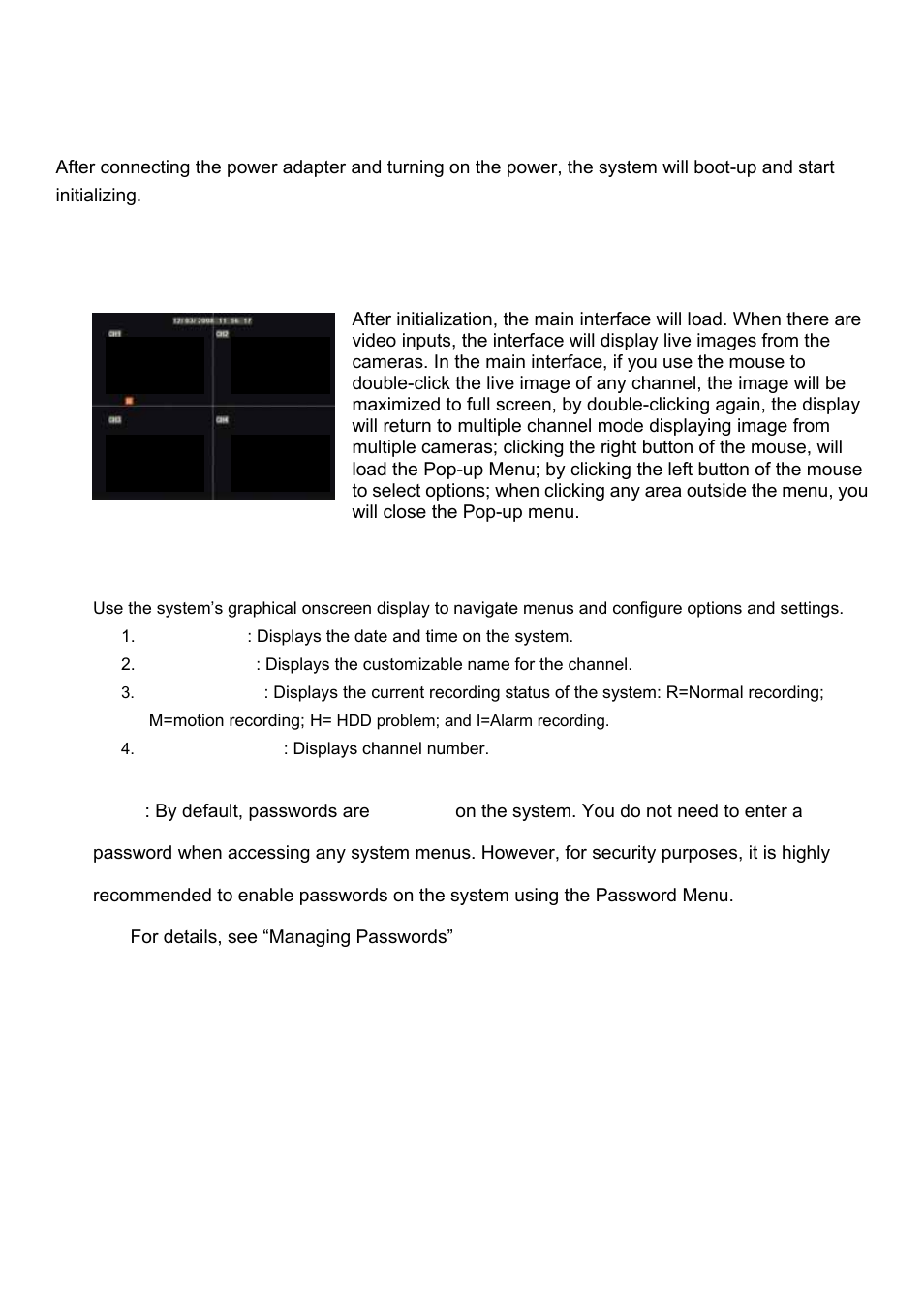 Chapter 5: dvr start up, 1 system initialization, 2 main interface | Night Owl Zeus-DVR User Manual | Page 15 / 52