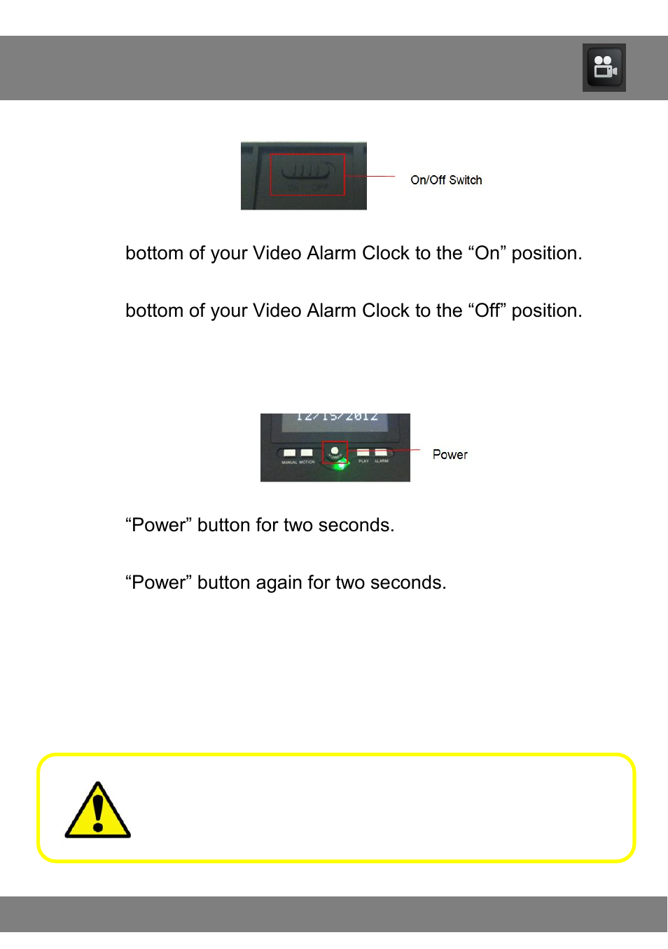 Chapter 5: turning the video alarm clock on/off | Night Owl CS-Alarm-LCD-8GB User Manual | Page 8 / 20