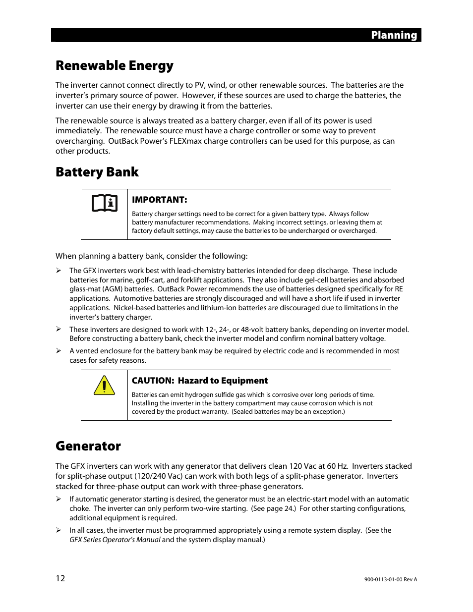 Renewable energy, Battery bank, Generator | Planning | Outback Power Systems GFX Series Inverter/Charger Installation Manual User Manual | Page 14 / 40