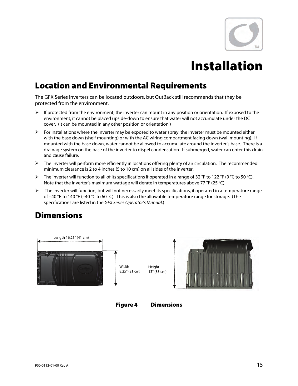 Installation, Location and environmental requirements, Dimensions | Figure 4 | Outback Power Systems GFX Series Inverter/Charger Installation Manual User Manual | Page 17 / 40