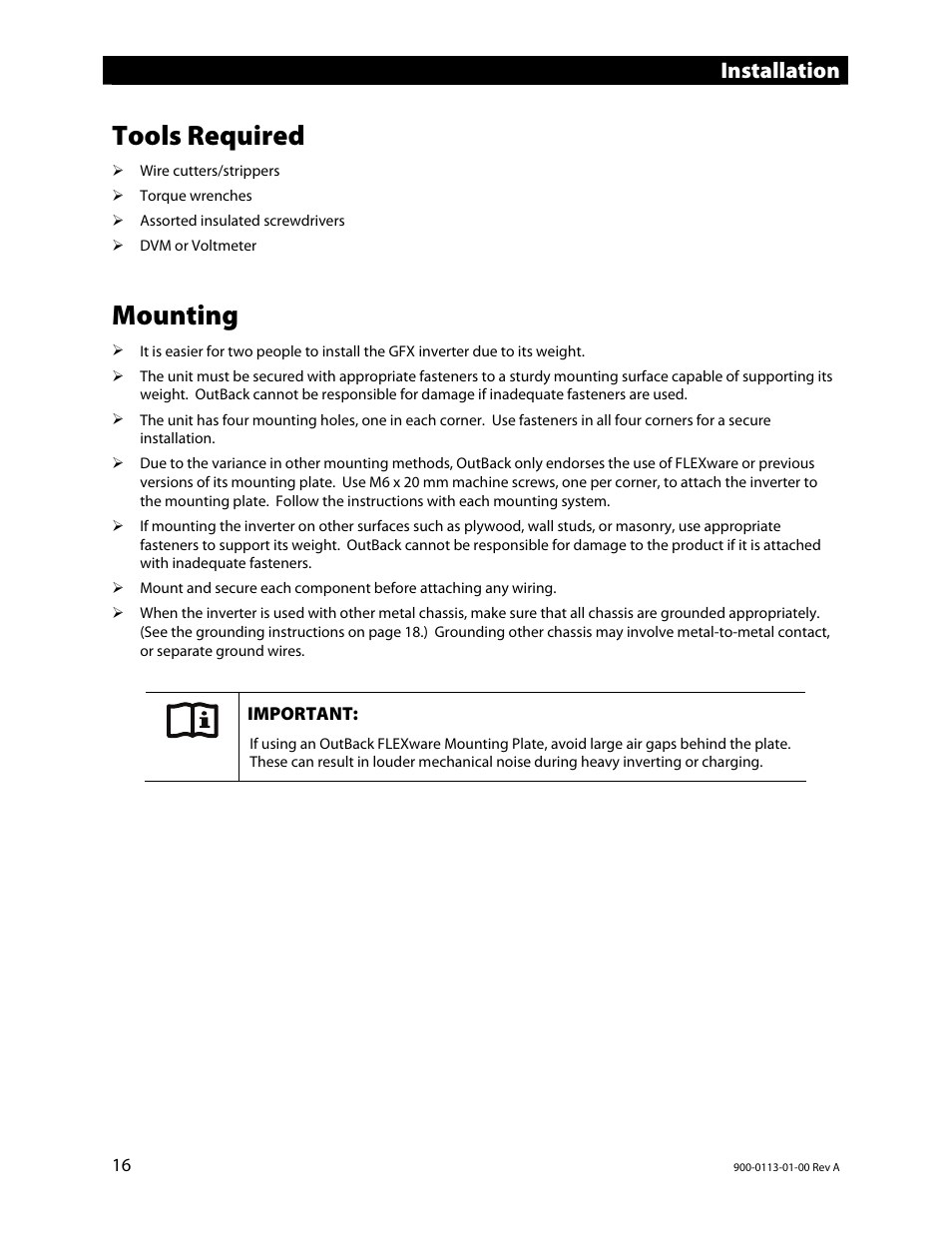 Tools required, Mounting, Installation | Outback Power Systems GFX Series Inverter/Charger Installation Manual User Manual | Page 18 / 40