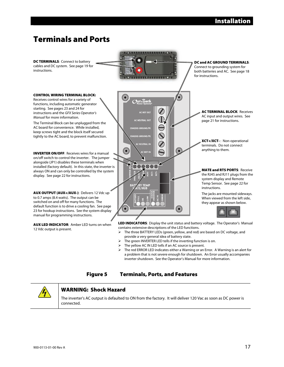 Terminals and ports, Figure 5, Terminals, ports, and features | Installation | Outback Power Systems GFX Series Inverter/Charger Installation Manual User Manual | Page 19 / 40