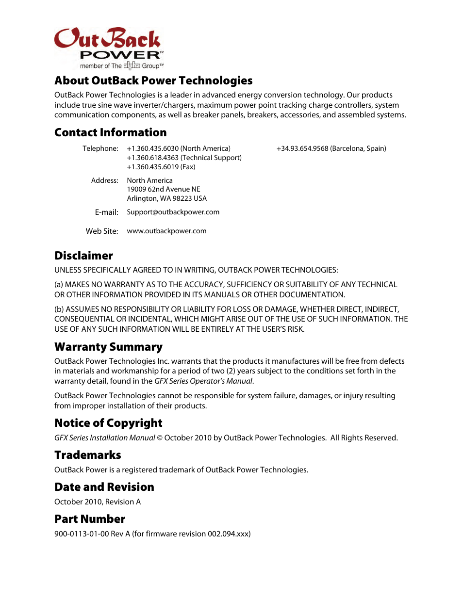 About outback power technologies, Contact information, Disclaimer | Warranty summary, Notice of copyright, Trademarks, Date and revision, Part number | Outback Power Systems GFX Series Inverter/Charger Installation Manual User Manual | Page 2 / 40