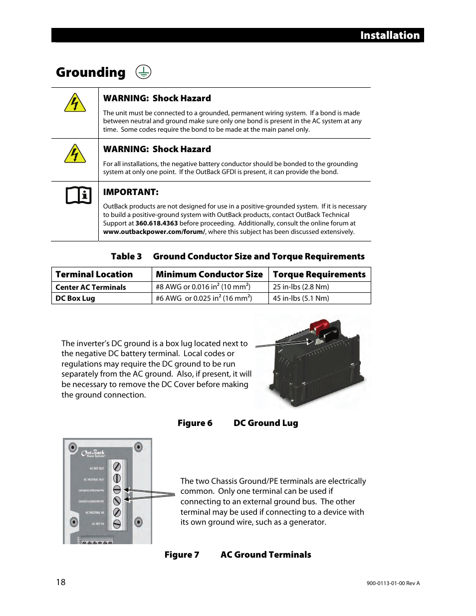 Grounding, Table 3, Ground conductor size and torque requirements | Figure 6, Dc ground lug, Figure 7, Ac ground terminals, Installation | Outback Power Systems GFX Series Inverter/Charger Installation Manual User Manual | Page 20 / 40