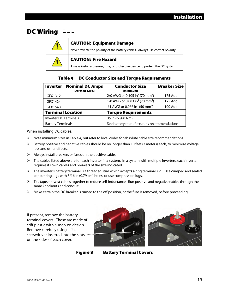 Dc wiring, Table 4, Dc conductor size and torque requirements | Figure 8, Battery terminal covers, Installation | Outback Power Systems GFX Series Inverter/Charger Installation Manual User Manual | Page 21 / 40