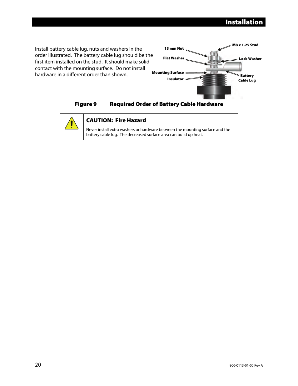 Figure 9, Required order of battery cable hardware, Installation | Outback Power Systems GFX Series Inverter/Charger Installation Manual User Manual | Page 22 / 40