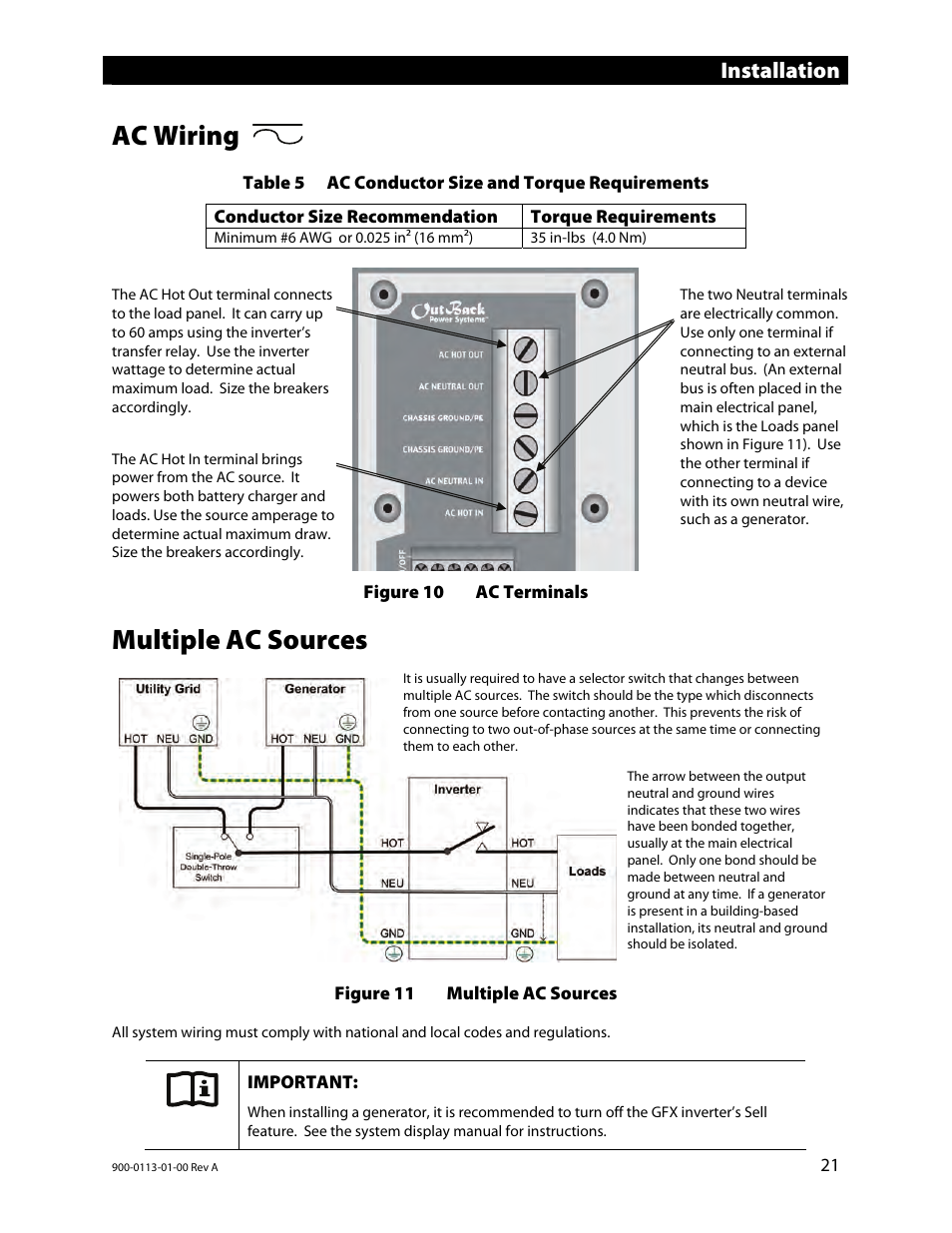 Ac wiring, Multiple ac sources, Table 5 | Ac conductor size and torque requirements, Installation | Outback Power Systems GFX Series Inverter/Charger Installation Manual User Manual | Page 23 / 40