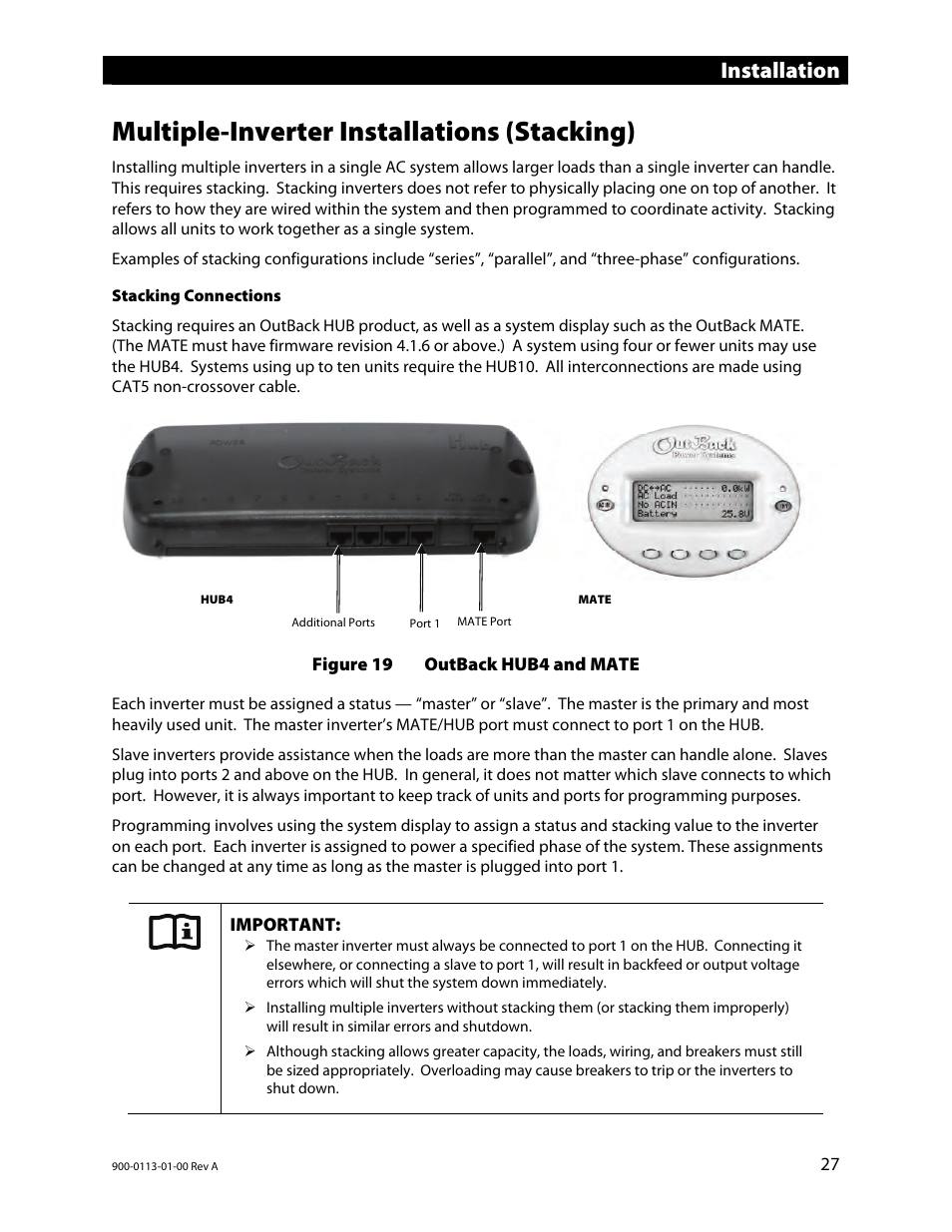 Multiple-inverter installations (stacking), Figure 19 outback hub4 and mate, Installation | Outback Power Systems GFX Series Inverter/Charger Installation Manual User Manual | Page 29 / 40