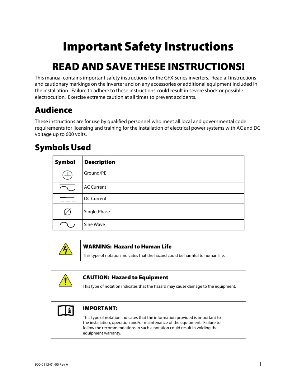 Important safety instructions, Audience, Symbols used | Read and save these instructions | Outback Power Systems GFX Series Inverter/Charger Installation Manual User Manual | Page 3 / 40