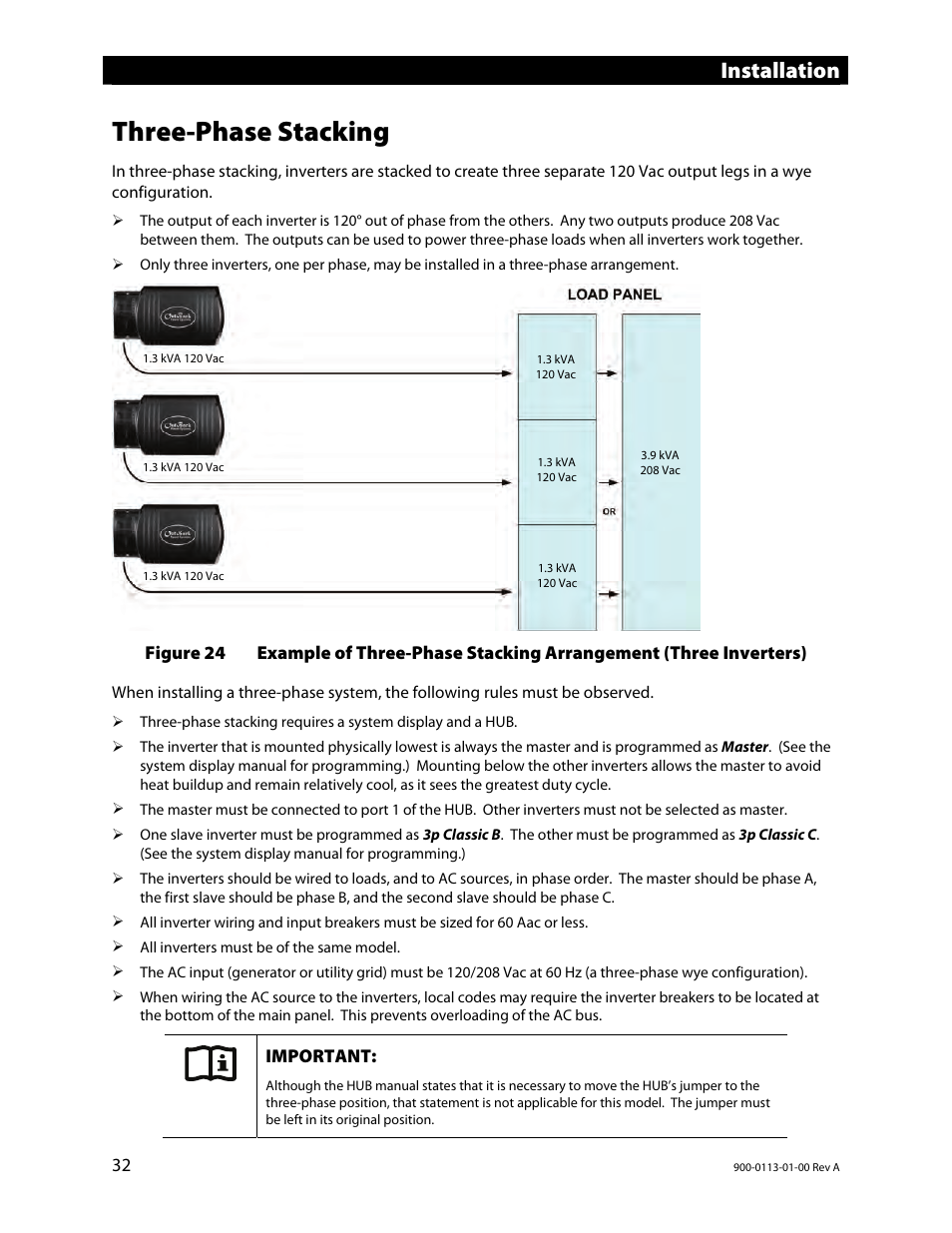 Three-phase stacking, Installation | Outback Power Systems GFX Series Inverter/Charger Installation Manual User Manual | Page 34 / 40