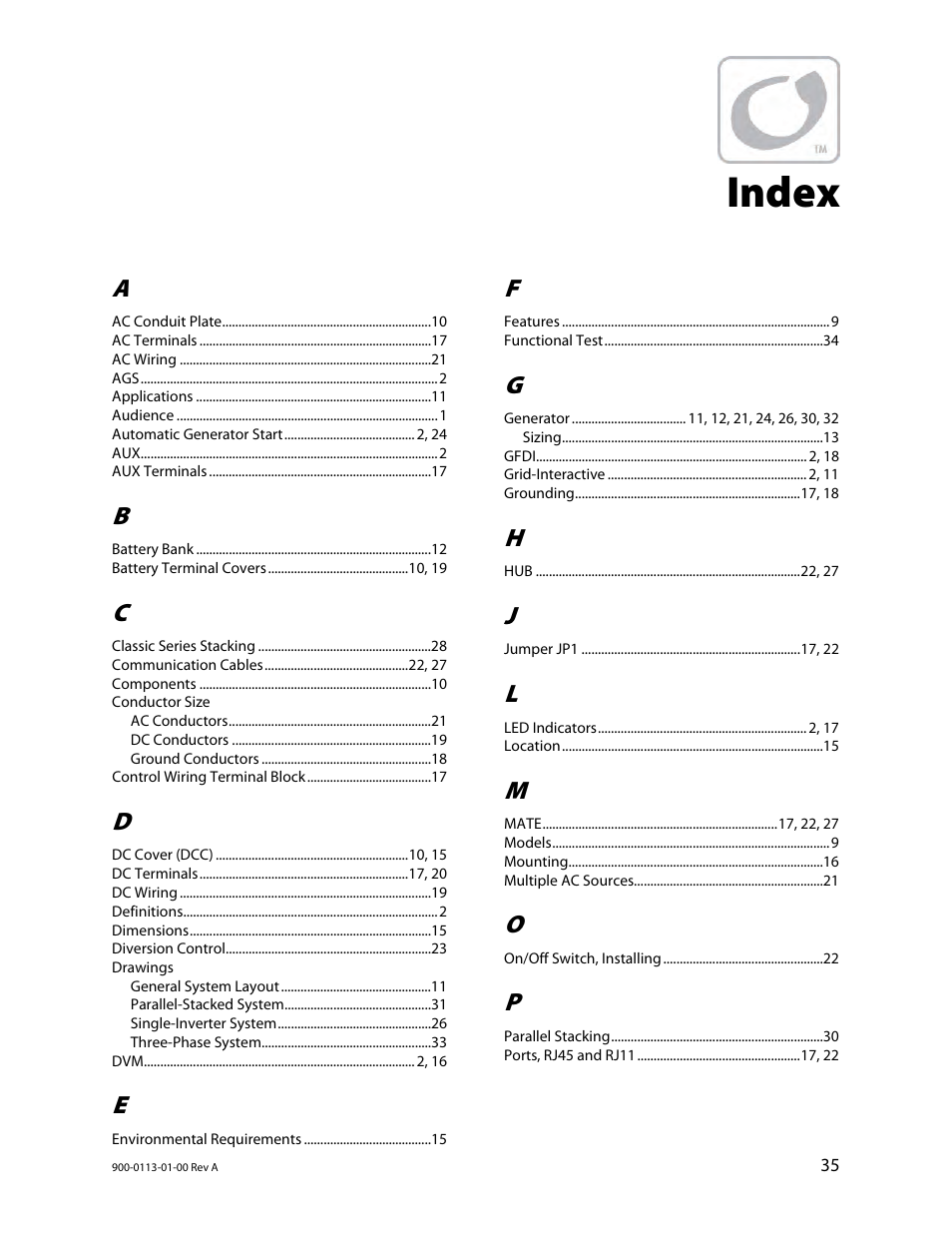 Index | Outback Power Systems GFX Series Inverter/Charger Installation Manual User Manual | Page 37 / 40